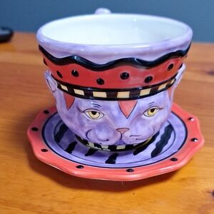 Pacifica Cat Design Cup and Saucer - Purple and Red